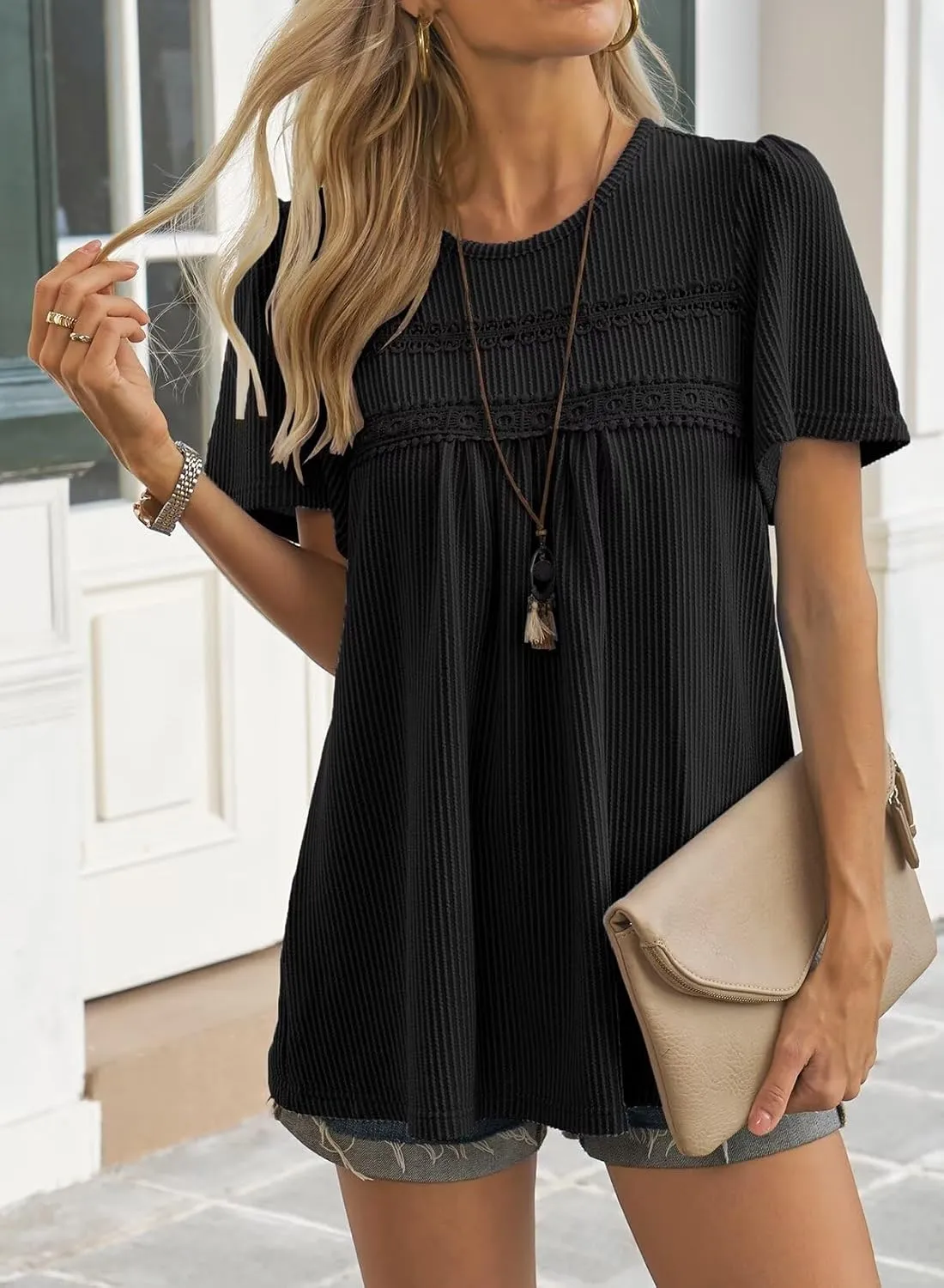 Womens Summer Tops Crewneck Short Sleeve Striped Shirts Casual Ribbed Blouses Flowy Hem Boho Clothing 2025