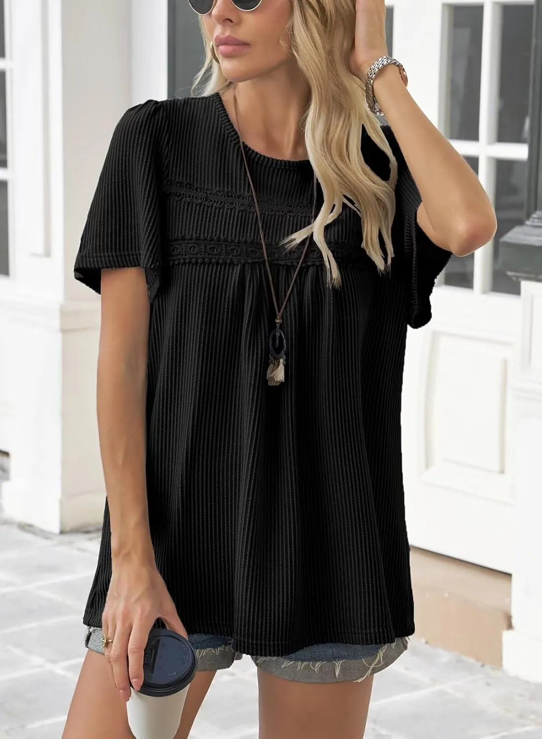 Womens Summer Tops Crewneck Short Sleeve Striped Shirts Casual Ribbed Blouses Flowy Hem Boho Clothing 2025