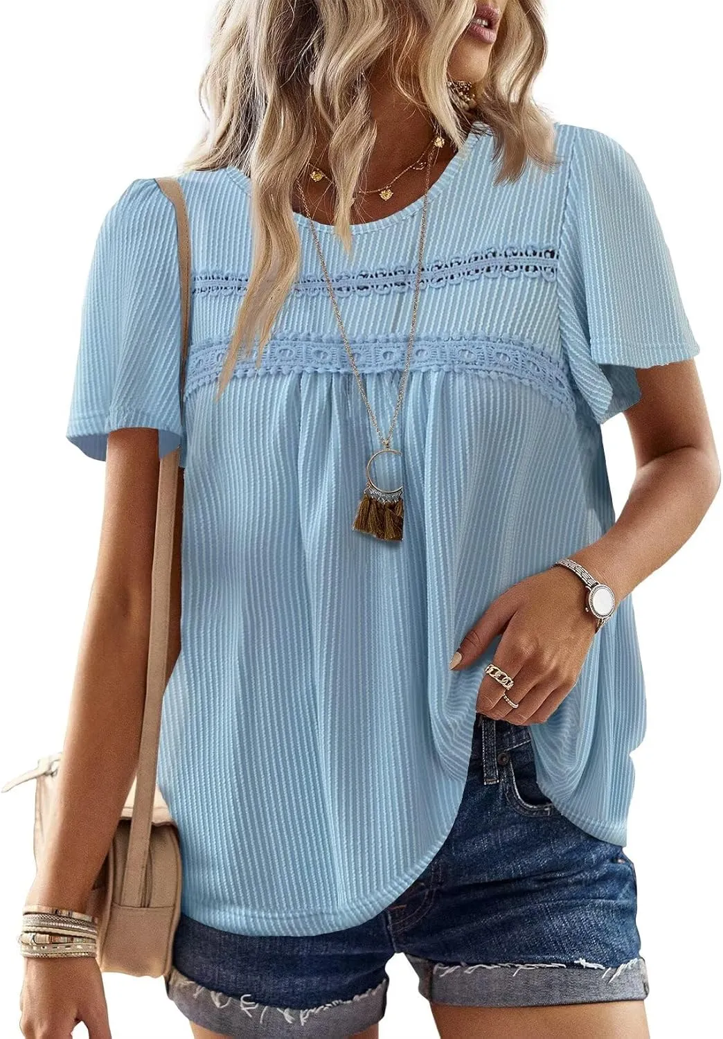 Womens Summer Tops Crewneck Short Sleeve Striped Shirts Casual Ribbed Blouses Flowy Hem Boho Clothing 2025