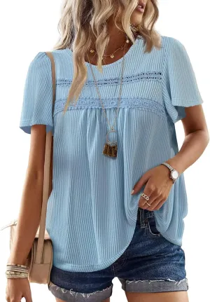 Womens Summer Tops Crewneck Short Sleeve Striped Shirts Casual Ribbed Blouses Flowy Hem Boho Clothing 2025