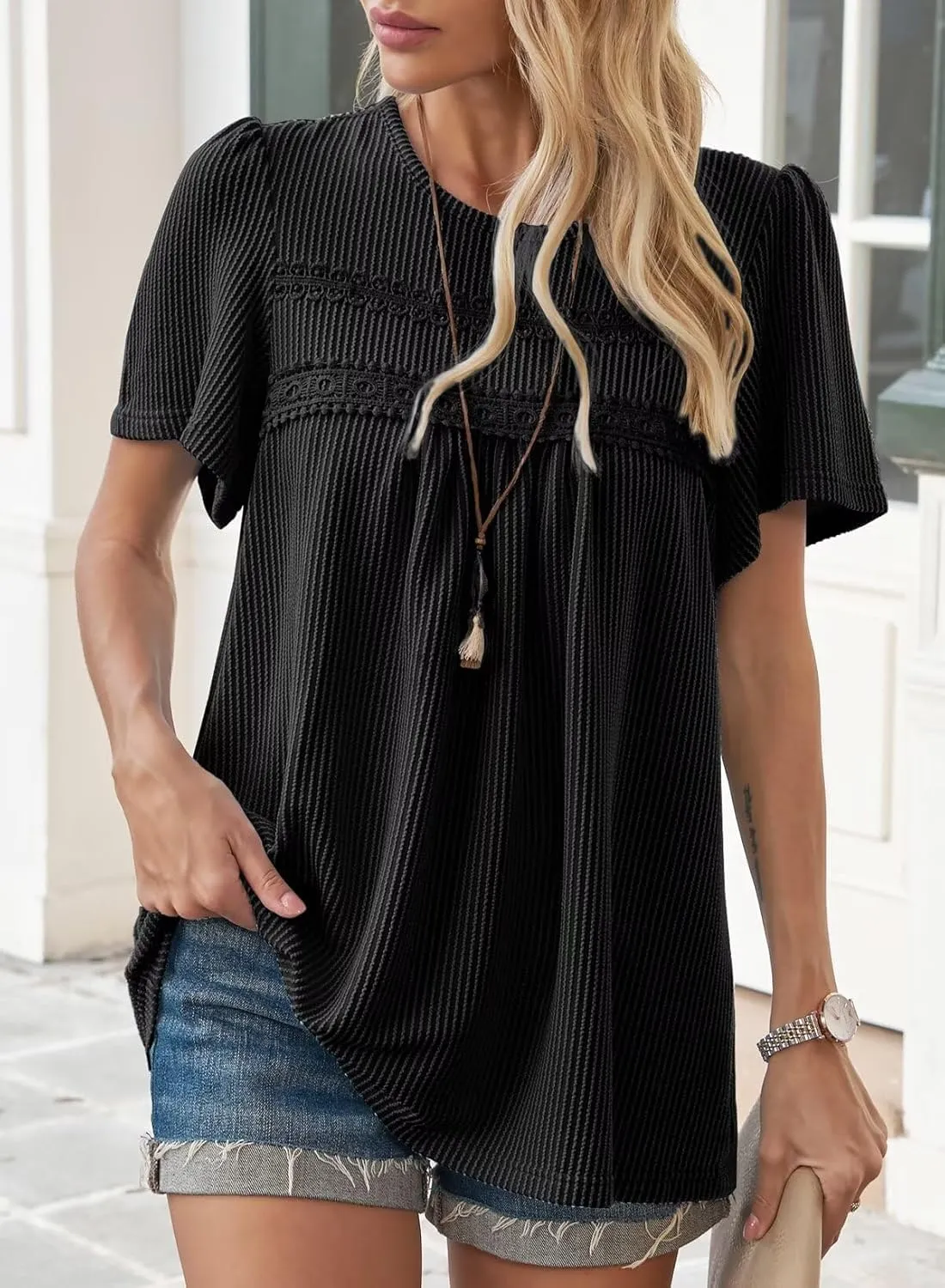 Womens Summer Tops Crewneck Short Sleeve Striped Shirts Casual Ribbed Blouses Flowy Hem Boho Clothing 2025