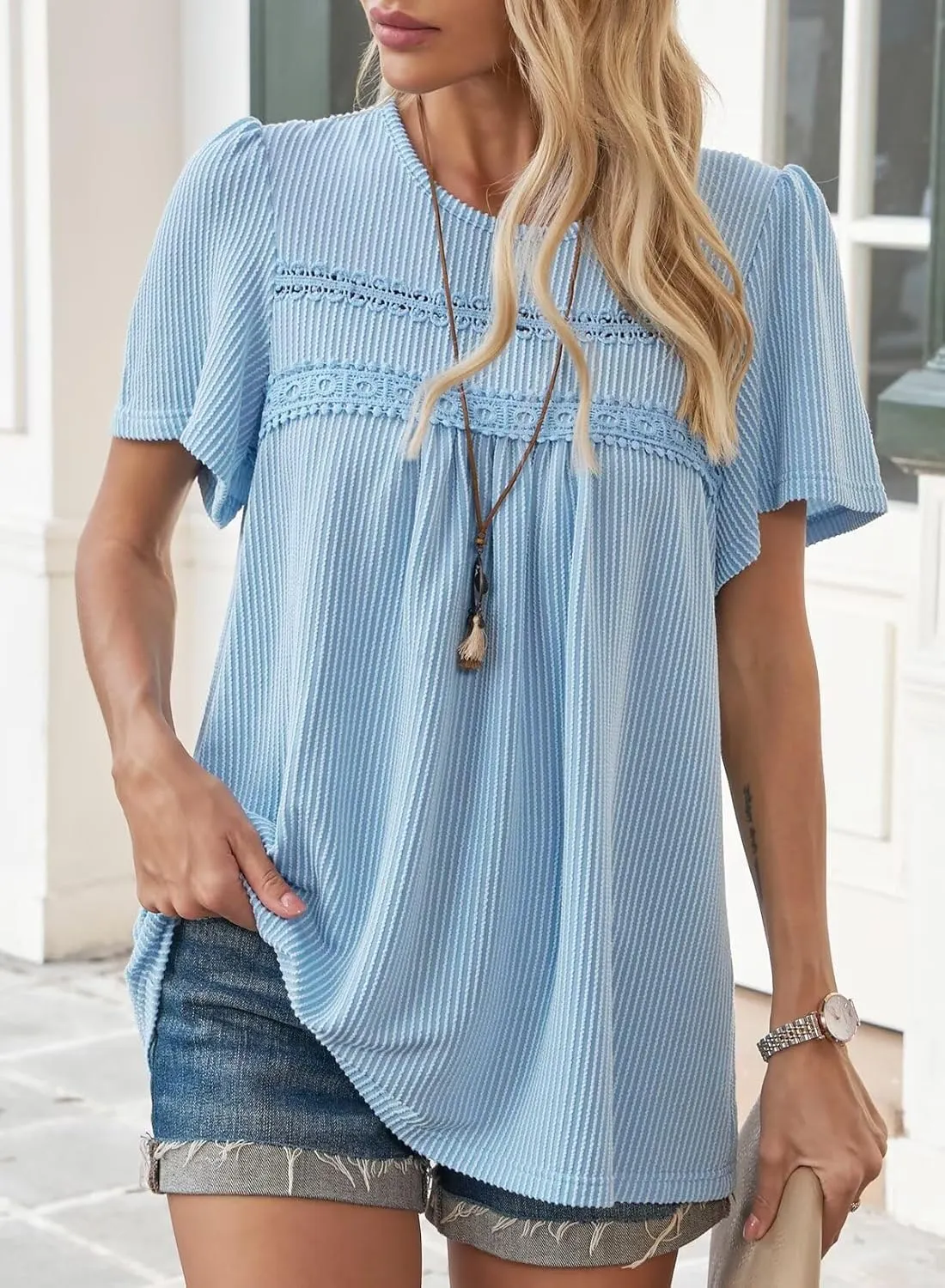 Womens Summer Tops Crewneck Short Sleeve Striped Shirts Casual Ribbed Blouses Flowy Hem Boho Clothing 2025