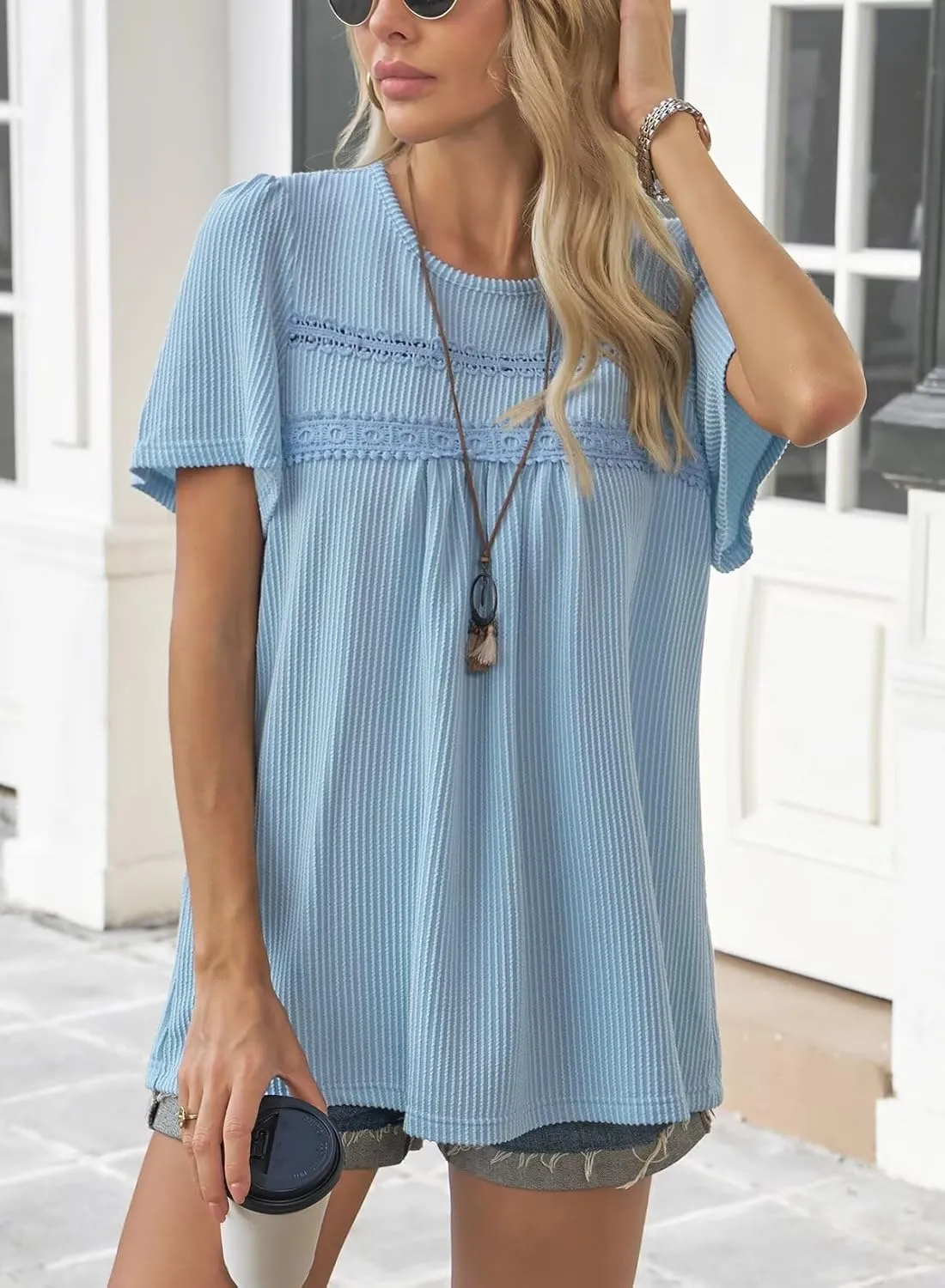 Womens Summer Tops Crewneck Short Sleeve Striped Shirts Casual Ribbed Blouses Flowy Hem Boho Clothing 2025