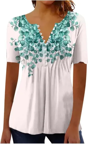 Womens Summer Tops Dressy Casual Short Sleeve Button V Neck T Shirts Trendy Boho Floral Tunic Blouses Cute Flowy Tees