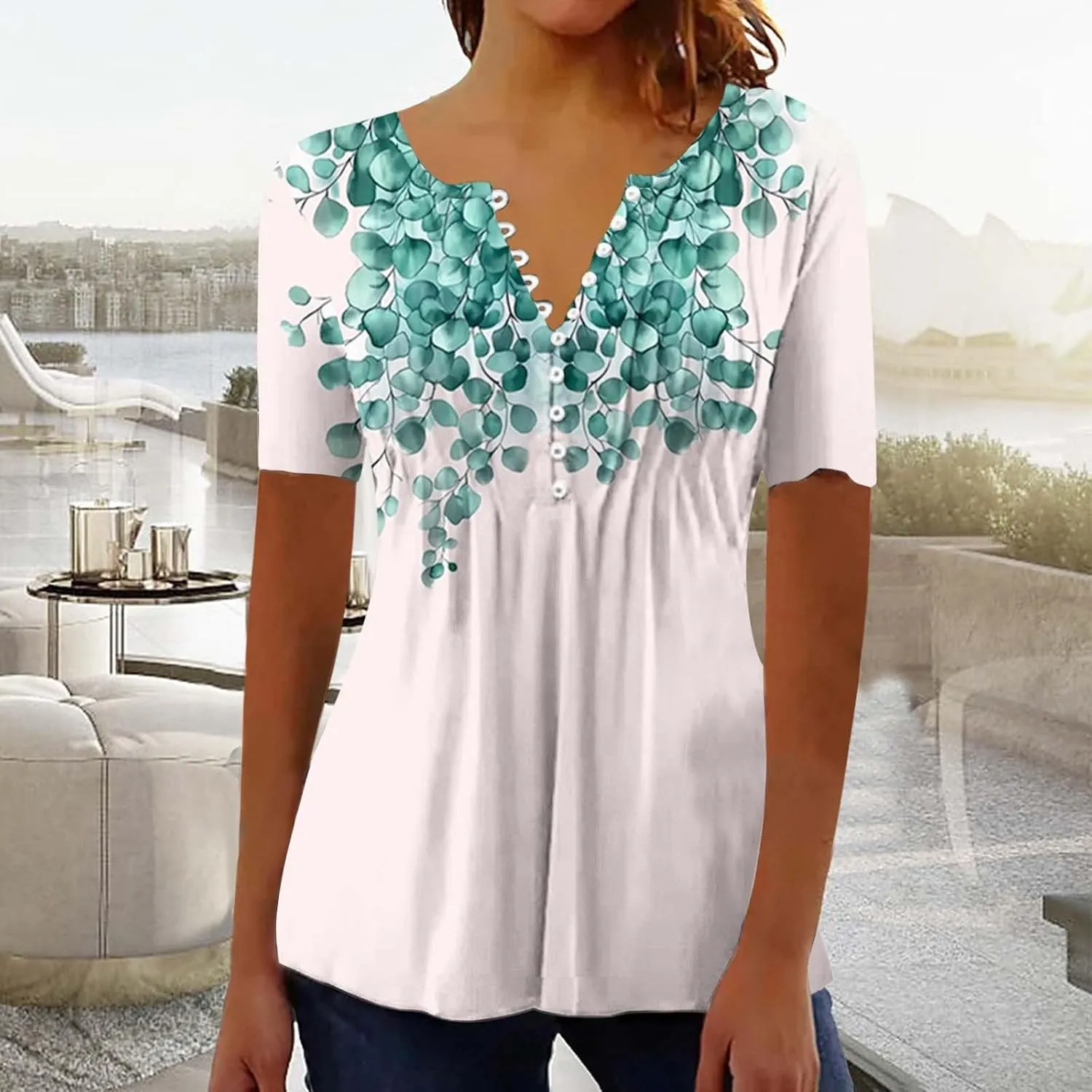 Womens Summer Tops Dressy Casual Short Sleeve Button V Neck T Shirts Trendy Boho Floral Tunic Blouses Cute Flowy Tees