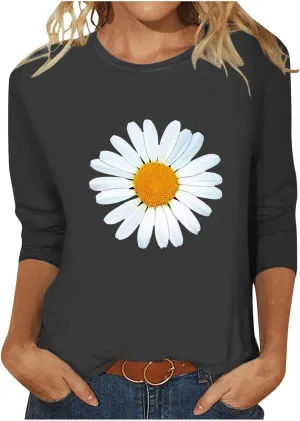Womens Summer Tops Fashion Daisy Print Daily Shirts 3/4 Sleeve Casual Crew Neck T Shirt Dressy Tunic Blouses
