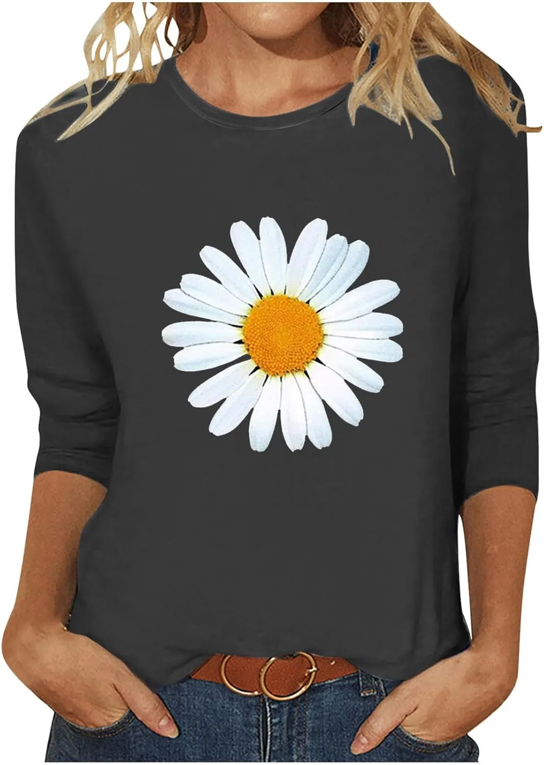 Womens Summer Tops Fashion Daisy Print Daily Shirts 3/4 Sleeve Casual Crew Neck T Shirt Dressy Tunic Blouses