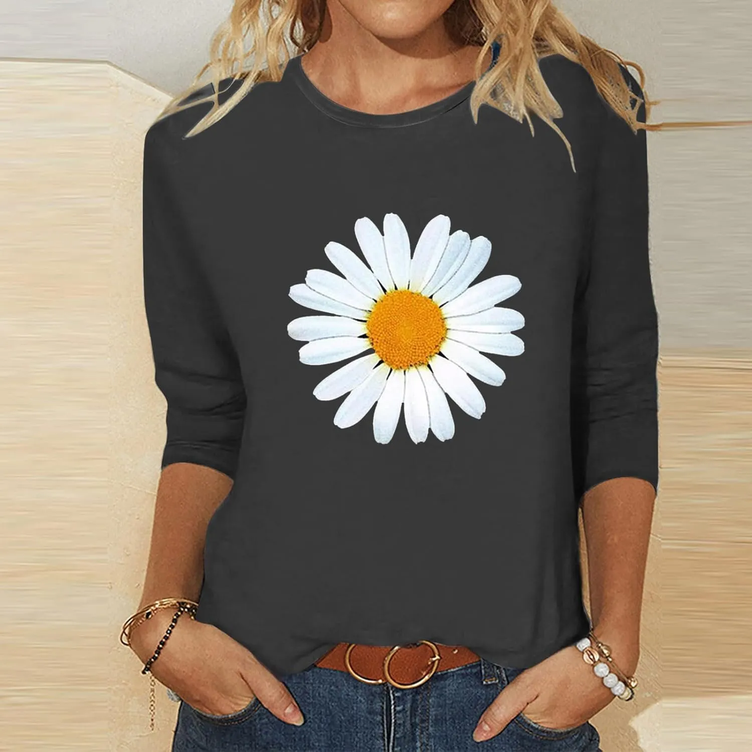Womens Summer Tops Fashion Daisy Print Daily Shirts 3/4 Sleeve Casual Crew Neck T Shirt Dressy Tunic Blouses