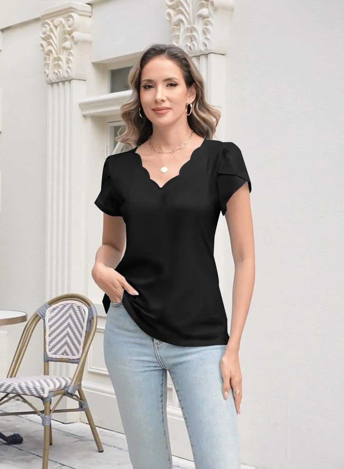 Womens Summer Tops Seashell Edge V Neck Shirts Petal Short Sleeve Top Dressy Casual Tunic Blouses