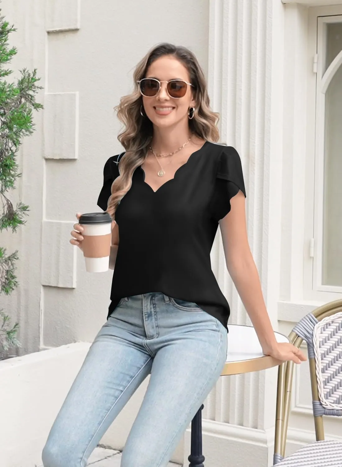 Womens Summer Tops Seashell Edge V Neck Shirts Petal Short Sleeve Top Dressy Casual Tunic Blouses