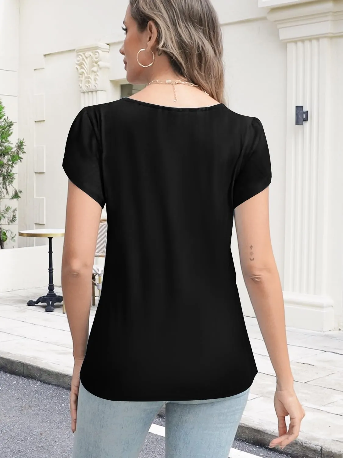 Womens Summer Tops Seashell Edge V Neck Shirts Petal Short Sleeve Top Dressy Casual Tunic Blouses