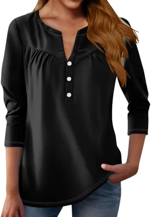 Womens T Shirts 3/4 Length Sleeve Tops Dressy Casual Blouses Spring Summer Outfits Flowy Pleated Front Scooped Neck