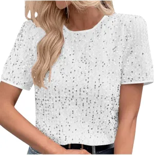 Womens T Shirts Fashion Glitter Sequin Short Sleeve Summer Shirt Casual Crewneck Loose Pullover Sparkly Tunic Tops