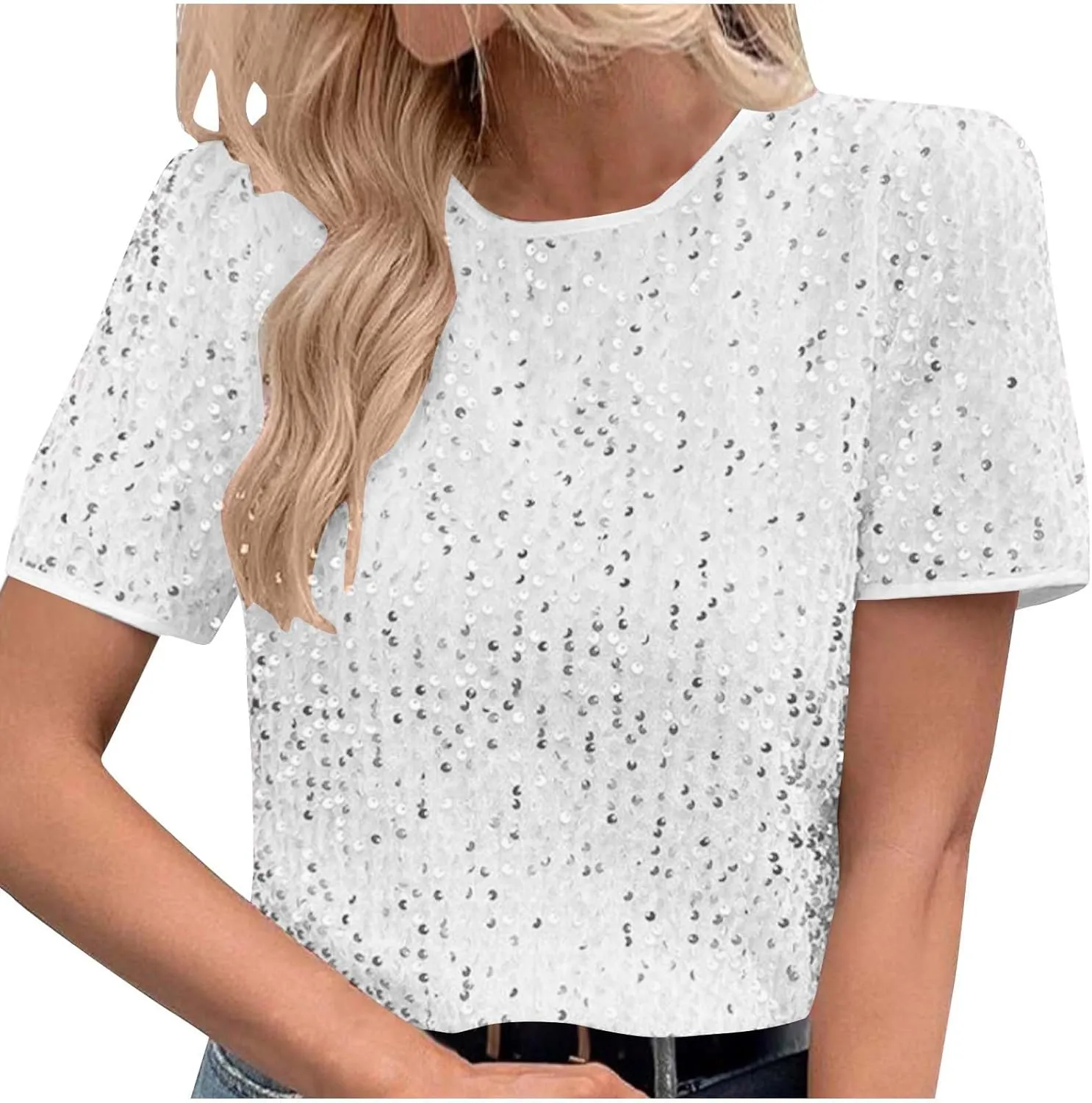 Womens T Shirts Fashion Glitter Sequin Short Sleeve Summer Shirt Casual Crewneck Loose Pullover Sparkly Tunic Tops