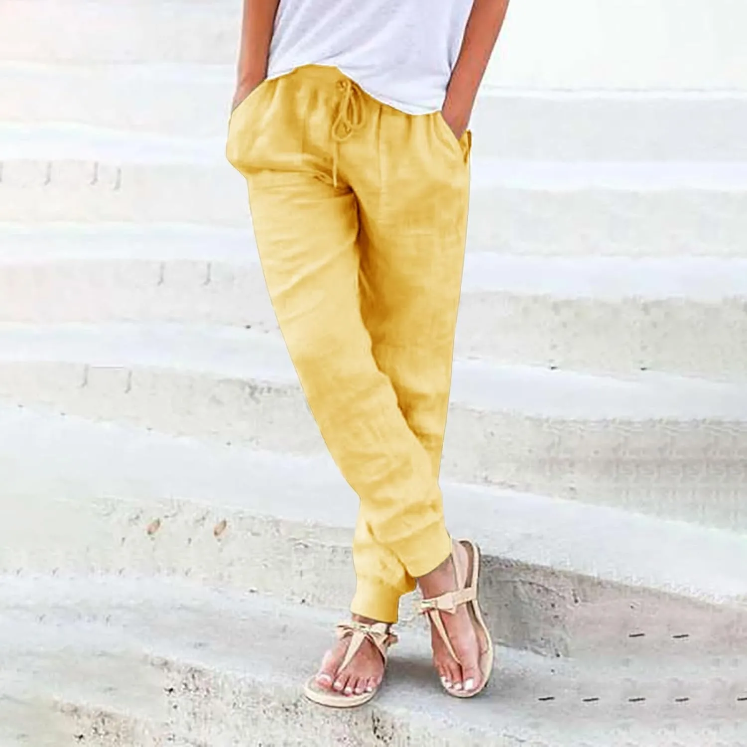 Womens Tapered Pants, Casual Linen Pants Women Drawstring Back Elastic Waist Pants Business Casual Pants Teacher Trousers
