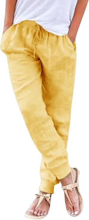 Womens Tapered Pants, Casual Linen Pants Women Drawstring Back Elastic Waist Pants Business Casual Pants Teacher Trousers