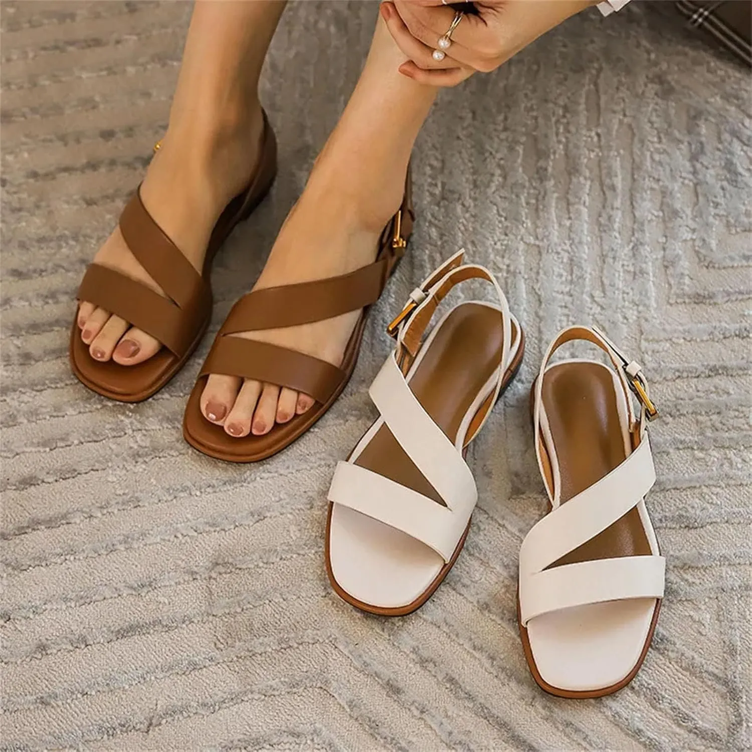 Women's Throwback-Inspired Buckle Strap Sandals - Classic Flats, Summer Casual Outdoor Working Fashion