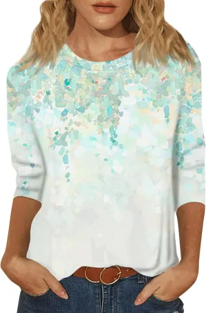 Womens Tops 3/4 Sleeve Crewneck Cute Shirts 2024 Casual Print Trendy Tops Length T Shirt Summer Pullover