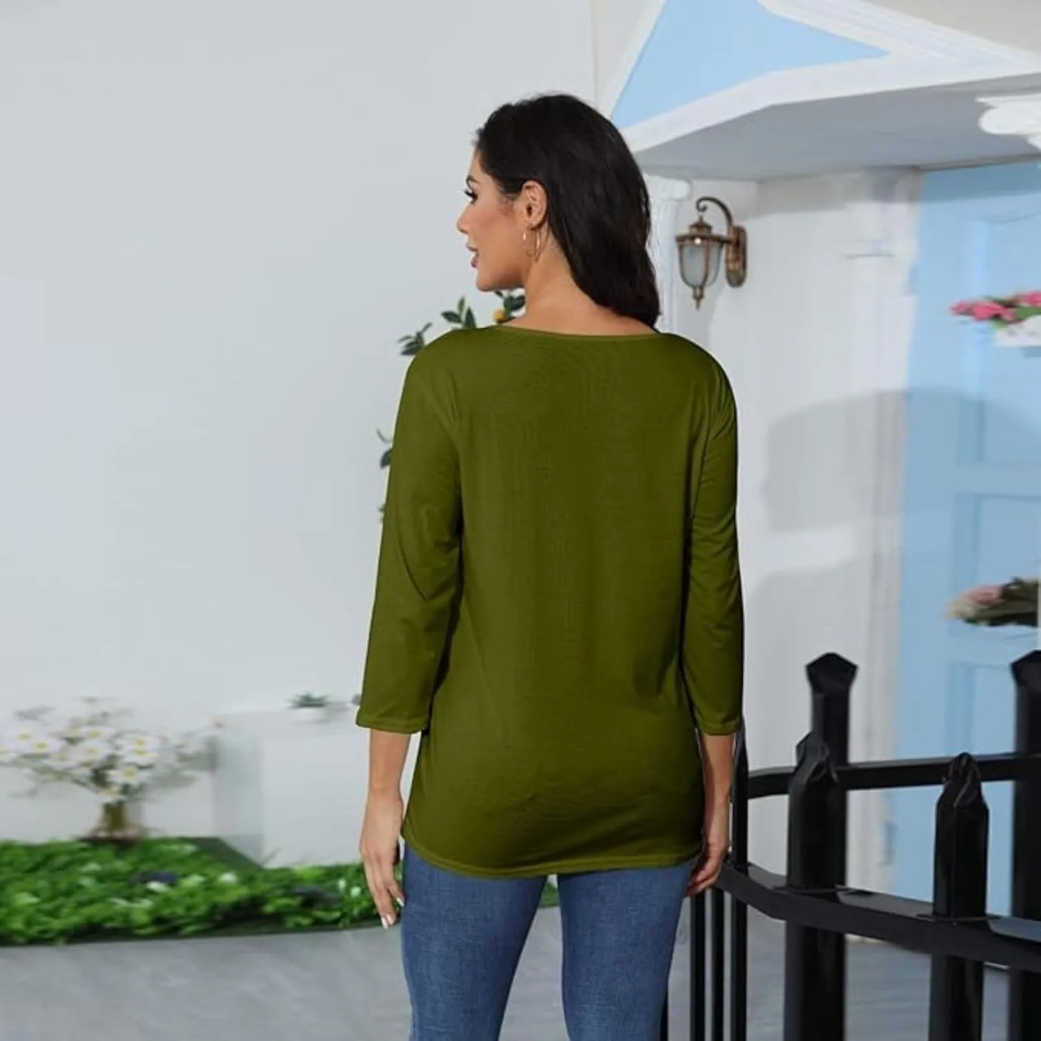 Womens Tops 3/4 Sleeve Shirts Crew Neck Loose Casual Dressy Blouses Floral Fashion Print Tshirts Plain Basic Cute Tees