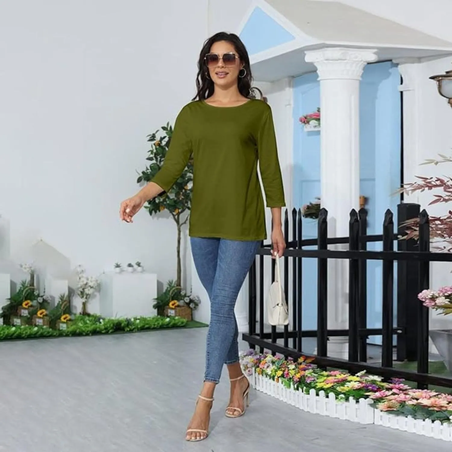 Womens Tops 3/4 Sleeve Shirts Crew Neck Loose Casual Dressy Blouses Floral Fashion Print Tshirts Plain Basic Cute Tees