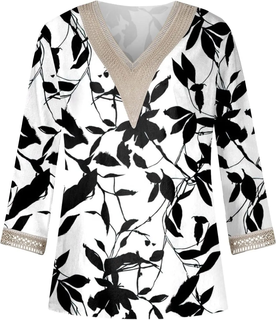 Womens Tops 3/4 Sleeve V Lace-Neck Cute Shirts Casual Print Trendy Tops Three Guarter Length T Shirt Spring Summer Pullover