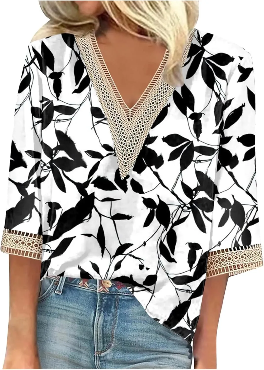 Womens Tops 3/4 Sleeve V Lace-Neck Cute Shirts Casual Print Trendy Tops Three Guarter Length T Shirt Spring Summer Pullover