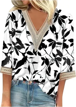 Womens Tops 3/4 Sleeve V Lace-Neck Cute Shirts Casual Print Trendy Tops Three Guarter Length T Shirt Spring Summer Pullover