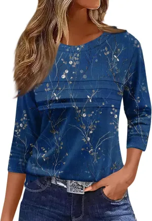 Womens Tops Fashion 3/4 Sleeve Round Neck Shirts Casual Trendy Print Blouses Pleated Front T Shirts