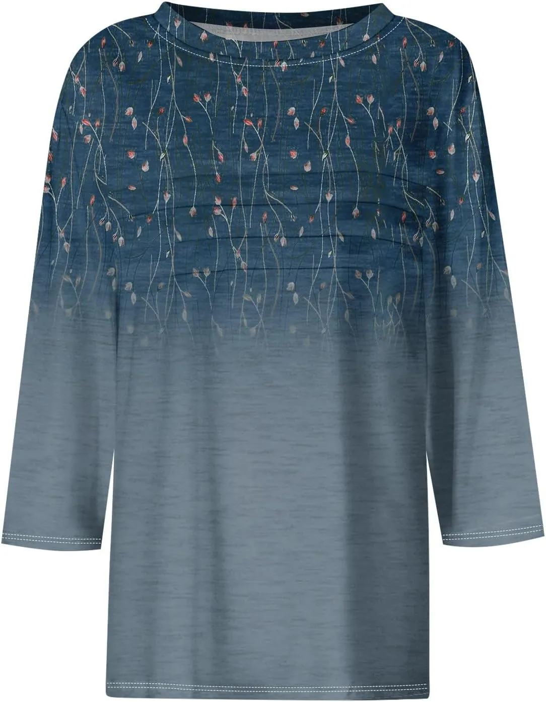 Womens Tops Fashion 3/4 Sleeve Round Neck Shirts Casual Trendy Print Blouses Pleated Front T Shirts