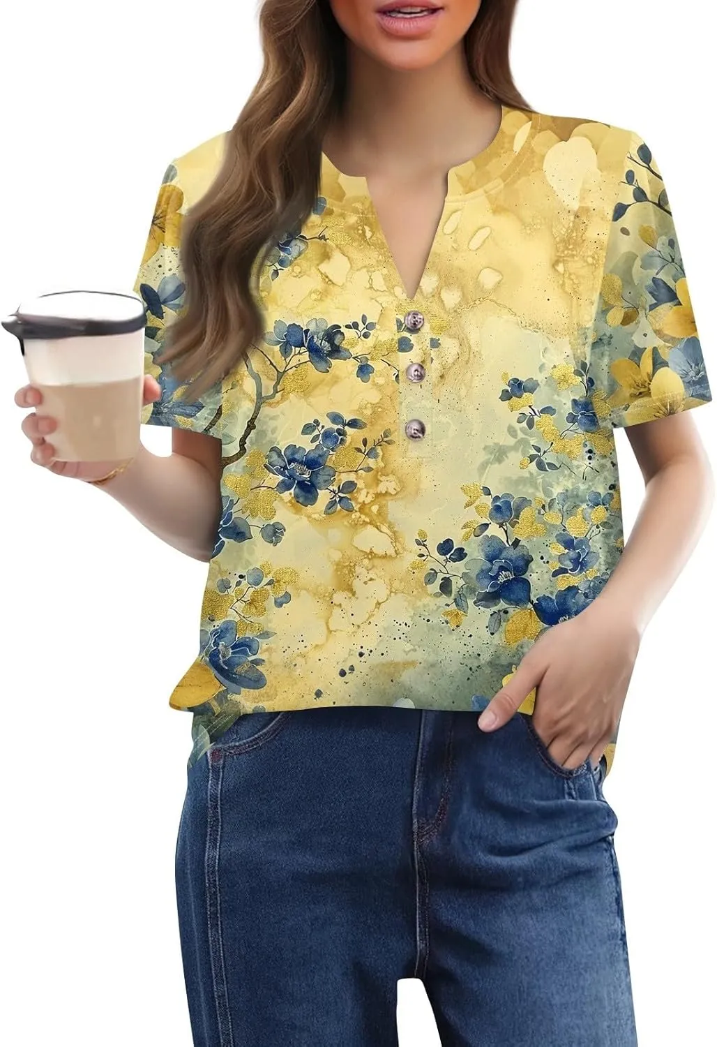 Womens Tops Trendy V Neck Button Down Short Sleeve Shirts Business Casual Basic Tee Loose Fit