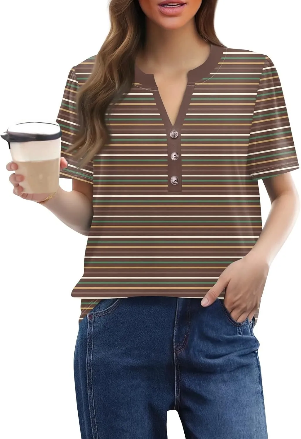 Womens Tops Trendy V Neck Button Down Short Sleeve Shirts Business Casual Basic Tee Loose Fit