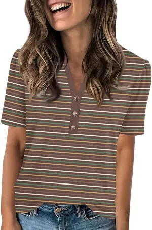 Womens Tops Trendy V Neck Button Down Short Sleeve Shirts Business Casual Basic Tee Loose Fit