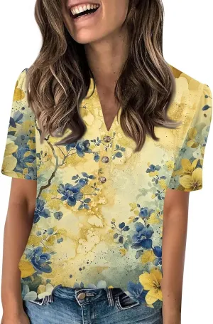 Womens Tops Trendy V Neck Button Down Short Sleeve Shirts Business Casual Basic Tee Loose Fit