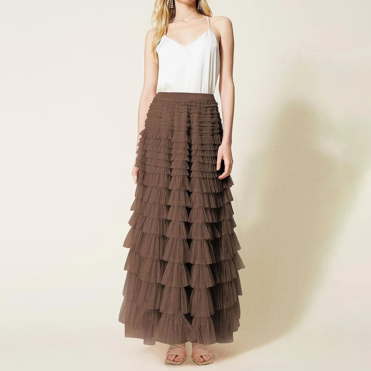 Women's Tulle Long Skirt Elastic Waist Mesh Pleated Maxi Skirt Ruffle Tiered Layered Tulle Tutu Skirt Cake Skirt
