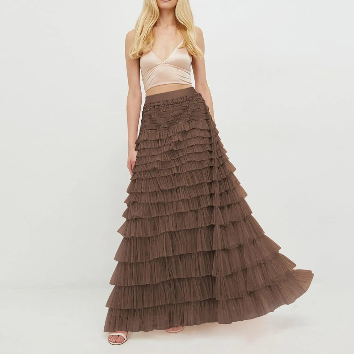 Women's Tulle Long Skirt Elastic Waist Mesh Pleated Maxi Skirt Ruffle Tiered Layered Tulle Tutu Skirt Cake Skirt