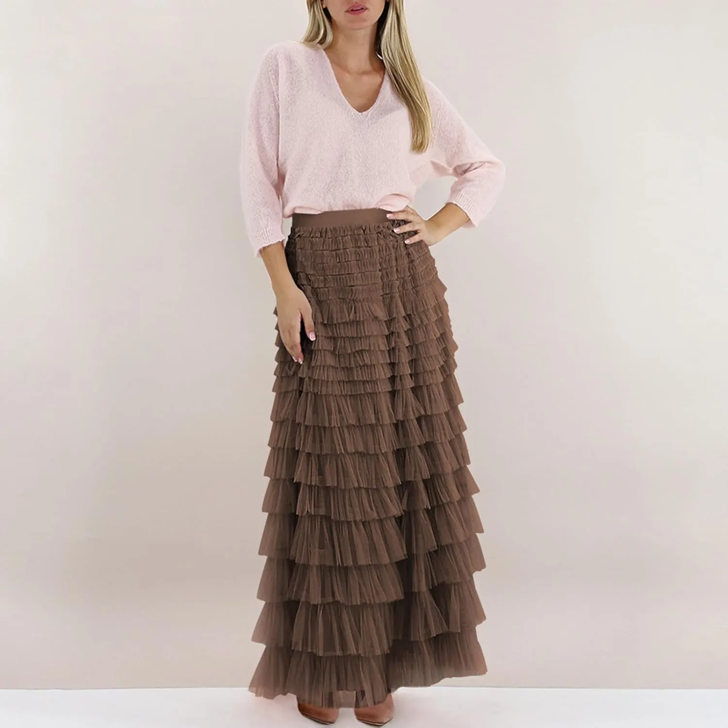 Women's Tulle Long Skirt Elastic Waist Mesh Pleated Maxi Skirt Ruffle Tiered Layered Tulle Tutu Skirt Cake Skirt