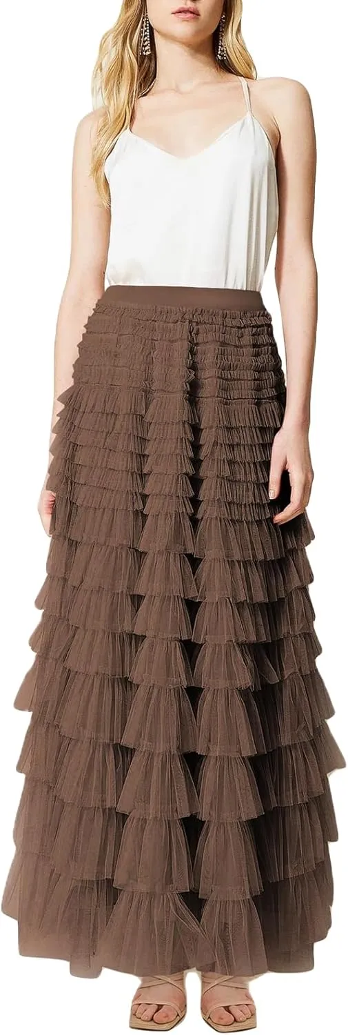 Women's Tulle Long Skirt Elastic Waist Mesh Pleated Maxi Skirt Ruffle Tiered Layered Tulle Tutu Skirt Cake Skirt