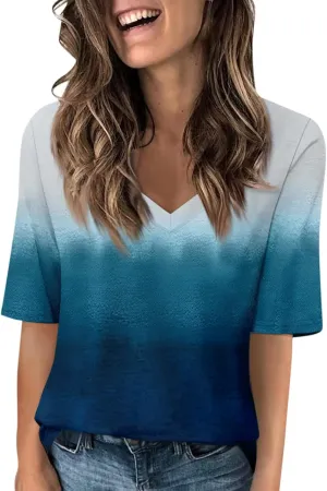 Women's V Neck T Shirts Casual Half Sleeve Tops Basic Summer Tees 2025 Dressy Casual Elbow Sleeve Blouse Trendy