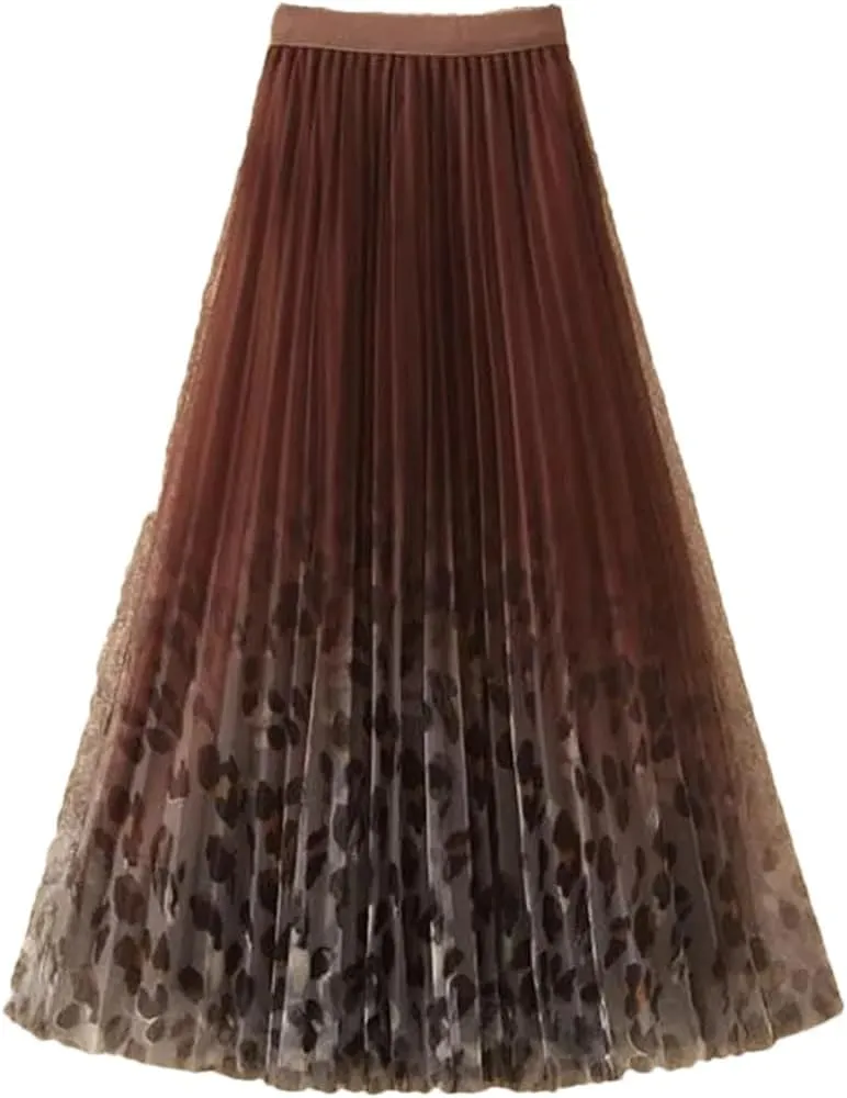 Women's Vintage Printed Pleated Gauze Skirt Fashion Casual Elastic High Waist A-Line Midi Skirts