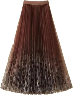 Women's Vintage Printed Pleated Gauze Skirt Fashion Casual Elastic High Waist A-Line Midi Skirts