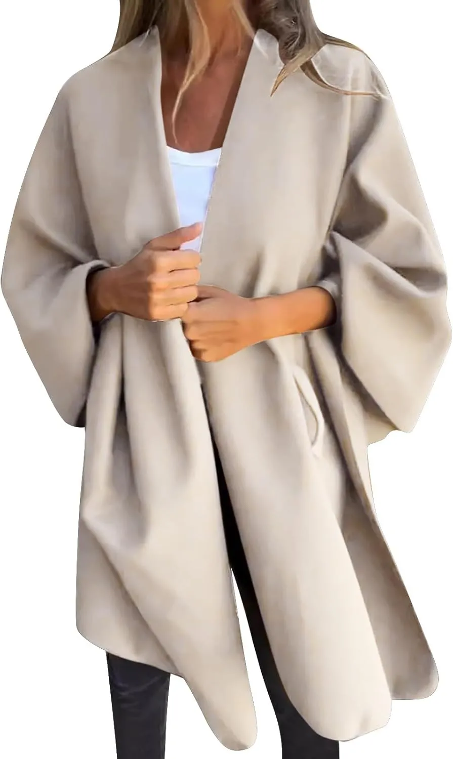Womens Winter Loose Cape Jackets Solid Open Front Bow Knot Blanket Cloak Coat Fashion Casual Wool Poncho Copes