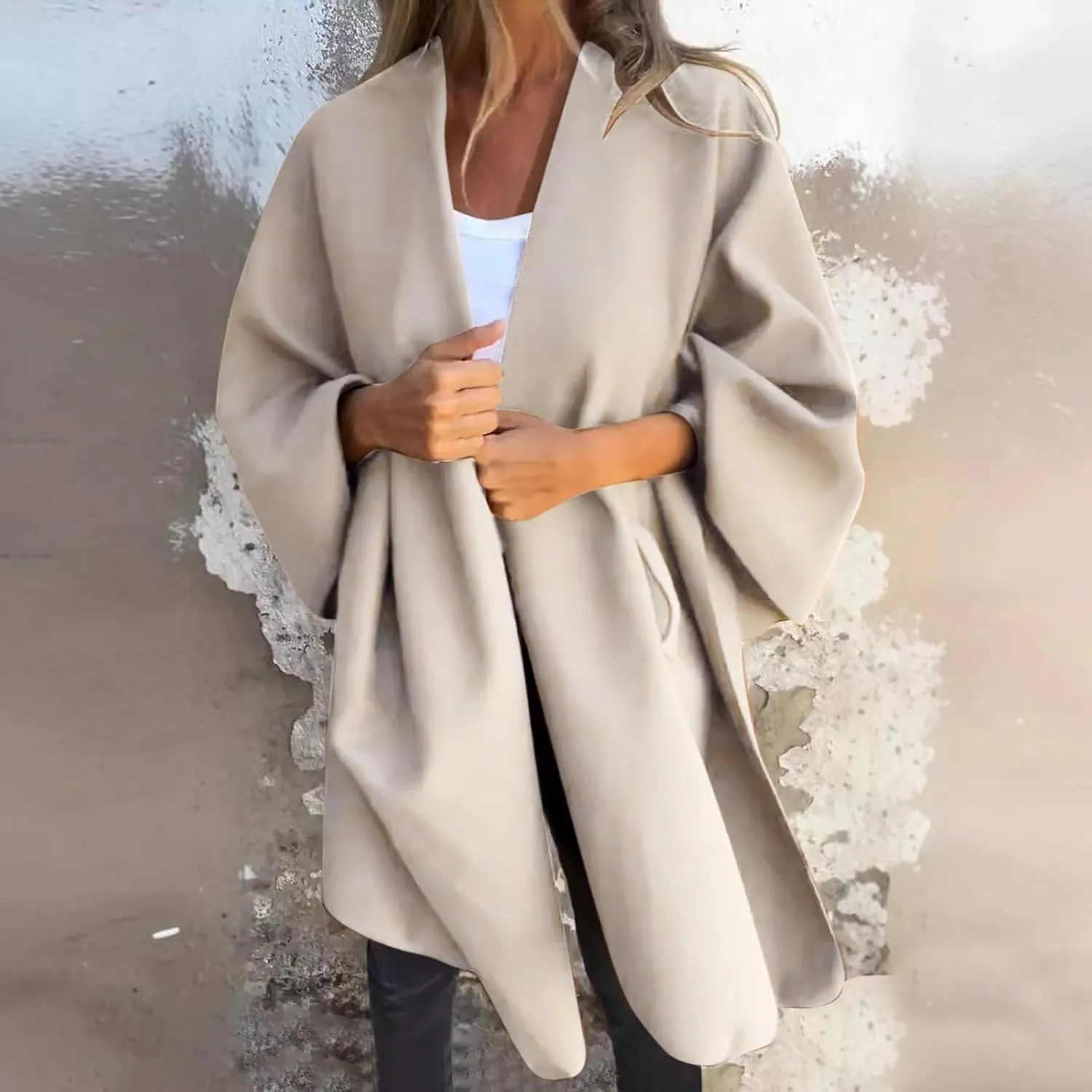 Womens Winter Loose Cape Jackets Solid Open Front Bow Knot Blanket Cloak Coat Fashion Casual Wool Poncho Copes