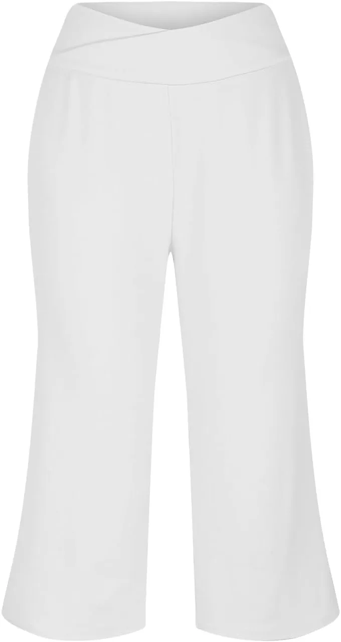 Womens Yoga Capri Pants Solid High Waist Pocket Active Trousers Comfy Breathable Fitness Pants Wide Leg Capri Pants