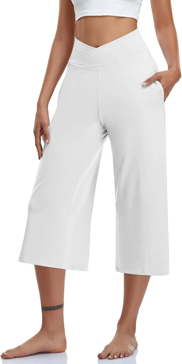 Womens Yoga Capri Pants Solid High Waist Pocket Active Trousers Comfy Breathable Fitness Pants Wide Leg Capri Pants