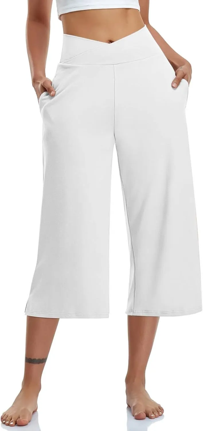 Womens Yoga Capri Pants Solid High Waist Pocket Active Trousers Comfy Breathable Fitness Pants Wide Leg Capri Pants