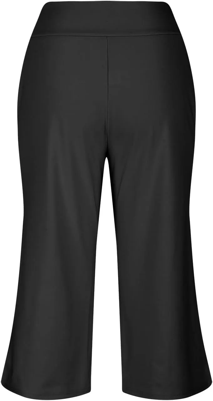 Womens Yoga Capri Pants Solid High Waist Pocket Active Trousers Comfy Breathable Fitness Pants Wide Leg Capri Pants