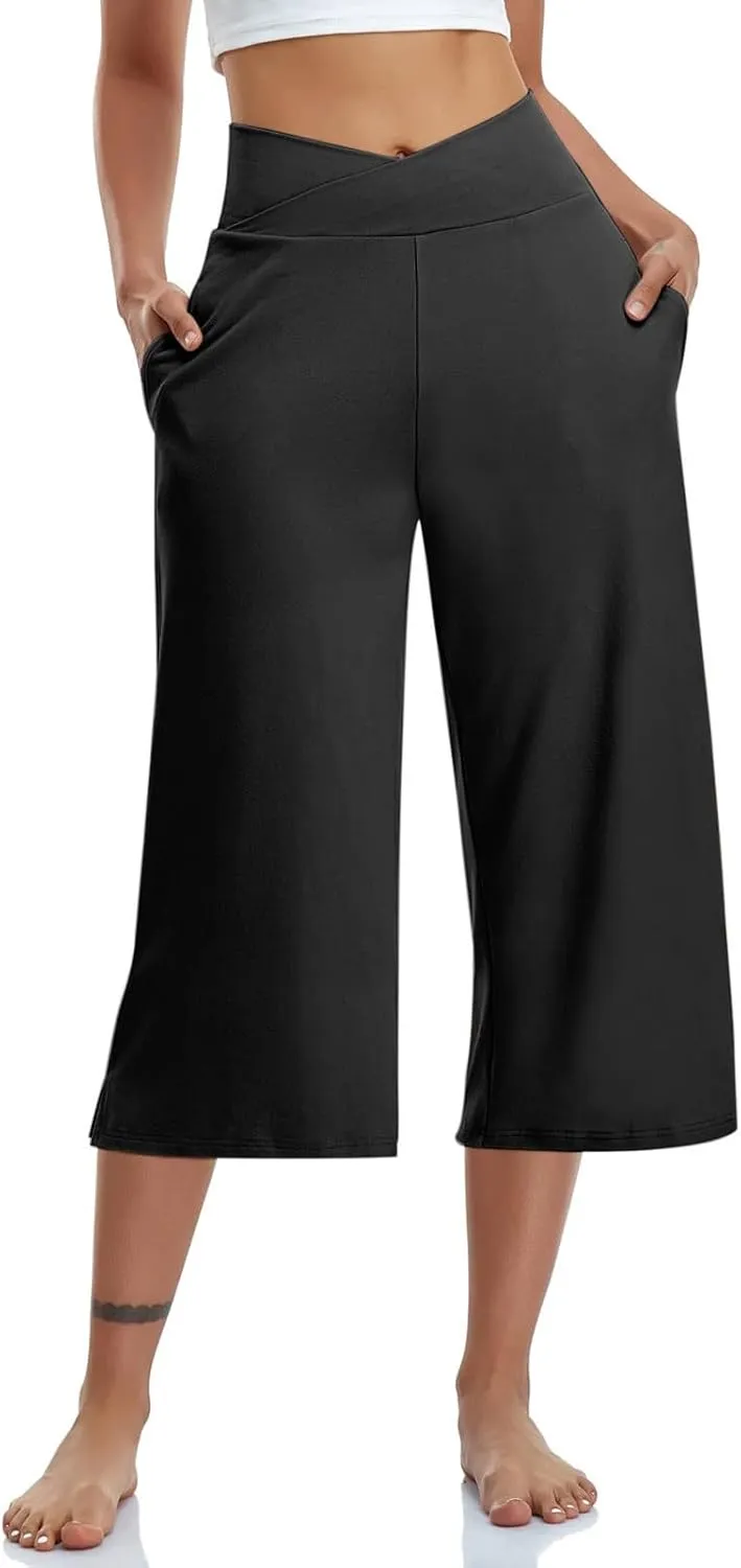 Womens Yoga Capri Pants Solid High Waist Pocket Active Trousers Comfy Breathable Fitness Pants Wide Leg Capri Pants