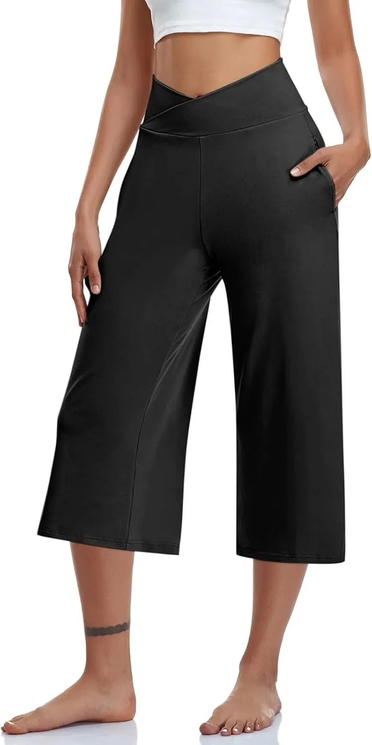 Womens Yoga Capri Pants Solid High Waist Pocket Active Trousers Comfy Breathable Fitness Pants Wide Leg Capri Pants