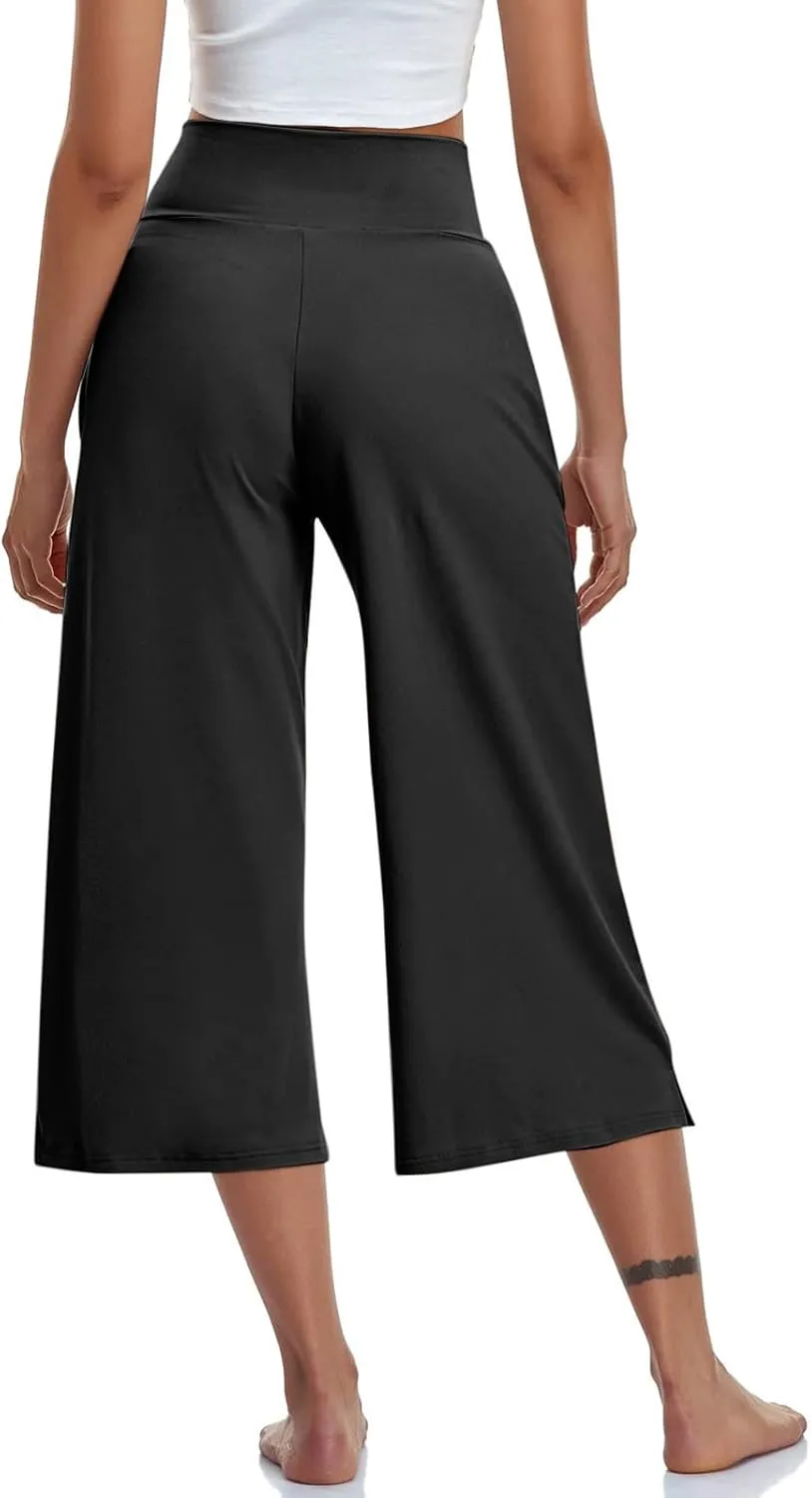 Womens Yoga Capri Pants Solid High Waist Pocket Active Trousers Comfy Breathable Fitness Pants Wide Leg Capri Pants