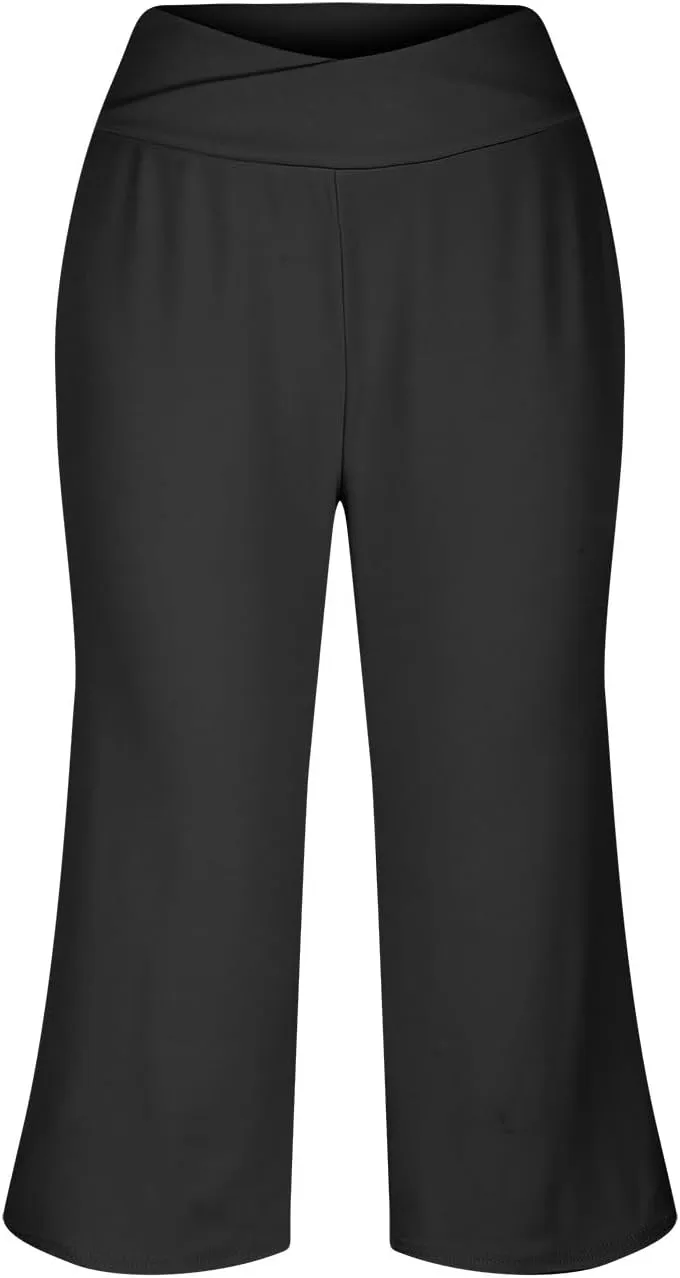 Womens Yoga Capri Pants Solid High Waist Pocket Active Trousers Comfy Breathable Fitness Pants Wide Leg Capri Pants